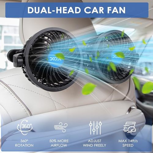 XOOL USB Car Fans for Backseat - Dual Head Cooling Car Fan for Kids, 360° Rotatable Car Rear Headrest Fan, Air Circulation Fans with Adjustable Clip Stepless Speed Regulation for SUV RV Vehicles Truck
