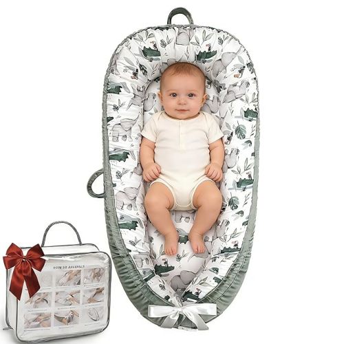 Baby Lounger-Breathable and Soft Organic 100% Cotton, Portable Infant Lounger with Removable Lounger Cover, Baby Nest Lounger for Newborn - Green Zoo