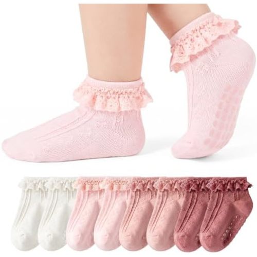 SIZE: 0-6M | HONGTEYA 8 Pairs Non Slip Grip Ruffle Socks Cotton Newborn Baby Toddler Ruffle Grip Ankle Socks for Infant Girls