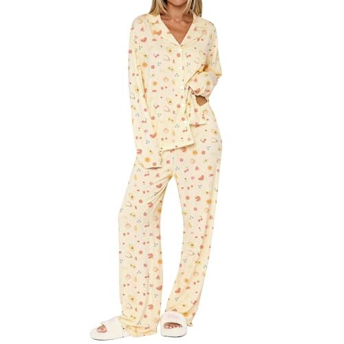 Dressmine Ladies Long Sleeve Cute Pajama Sets 2 Piece Fall Outfits Button Up Pjs Set Loungewear