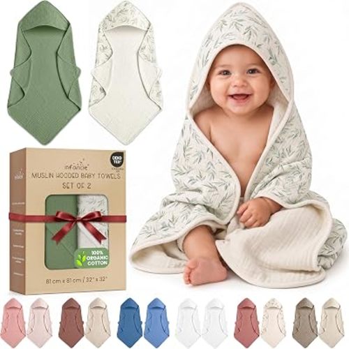 100% Organic Cotton 2 PK Muslin Baby Hooded Towel Wrap 32x32 in