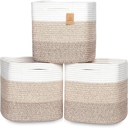 NaturalCozy 13 Inch Cube Storage Bins Cotton Rope Woven Baskets for Organizing 3-Pack | 13 x 13 Storage Cubes | Fabric Square Storage Baskets for Shelves Organizer, Kids Toy Bins, Closet Baby Nursery