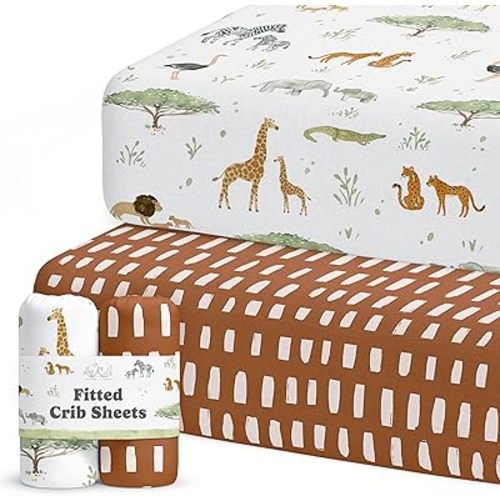 Crib Sheets Neutral - Fitted Baby Crib Sheets Bed for Girl Boy - 2 Pack Standard & Toddler Mattress (Safari Adventure) - Buttery Soft Organic Cotton Blend