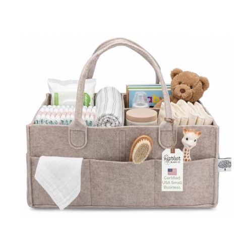 Parker Baby Felt Diaper Caddy & Diaper Organizer Basket - Large, Oatmeal | Bedside diaper caddy and car diaper caddy organizer with dividers; portable baby organizer basket for changing essentials.