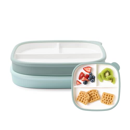 Ello Clean Start Ceramic Toddler Divided Plates, 2 Pack,Dewdrop/Grayed Jade | Porcelain Toddler Tableware For Meals And Snacks With Silicone Sleeves, Microwave Safe, Dishwasher Safe, And BPA-Free