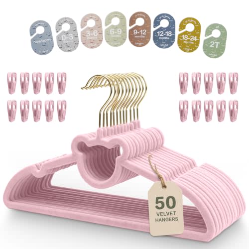 Velvet Baby Hangers with Clips & Size Dividers – 50 Pack Kids Velvet Hangers for Newborn to Toddler Clothes – Non Slip Space Saving Closet Organization