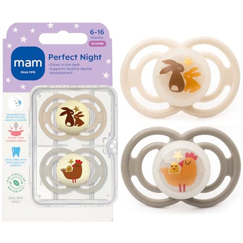 MAM Perfect Baby Premium Pacifier 6-16 Months, Extra Thin Nipple, 2 Pack | Developed With Medical Experts, Glows in The Dark, Curved Shield, BPA-Free Silicone, With Sterilizer Case, Made In Europe