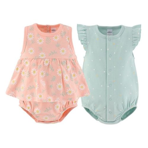 Baby Girl Rompers, 2pk - The Peanutshell® Daisy, Pink Green, 6-9 Months