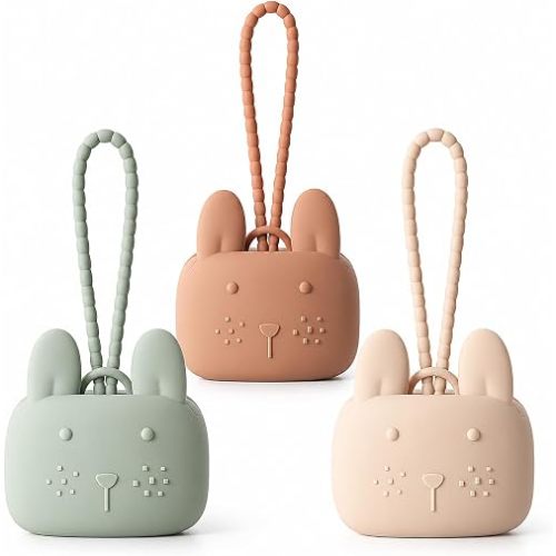 ROCCED Pacifier Holder Case Silicone Bunny Design Pacifiers Pouch with Soft Silicone Strap, Travel Storage for Stroller & Diaper Bag, Pacifier Holder Pouch for Baby, Set of 3 Beige Dusty Green Brown