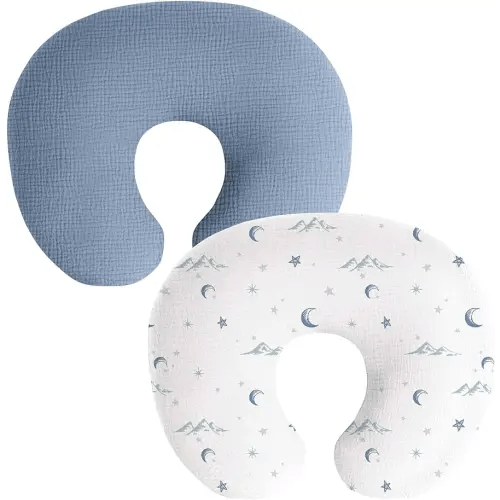 Muslin Nursing Pillow Covers, 2 Pack, Soft & Adorable Slipcovers with Zipper Closure, 100% Cotton Covers for Breastfeeding Pillows (Blue, Moons)