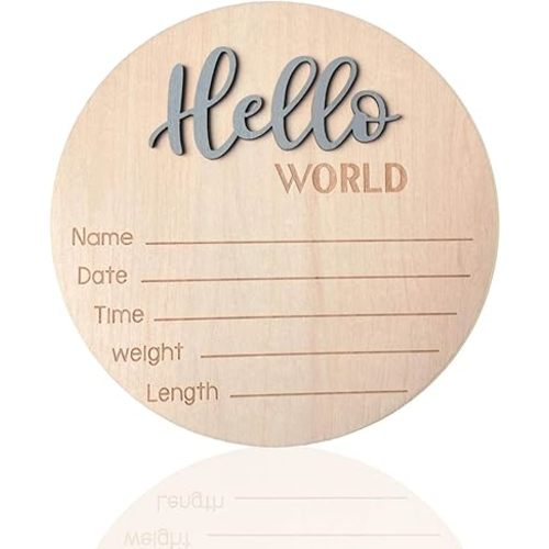 Baby Announcement Sign, ​5.9 Inch Wooden Hello World Newborn Signs, Birth Announcement Sign, Baby Shower Hospital Nursery for Newborn Boys and Girls (Gray)