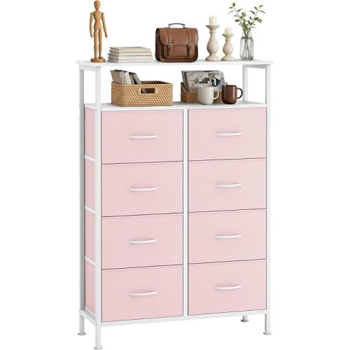 8 Drawers Dresser with Open Shelf, 46" Tall Storage Organizer Chest of Drawer with Wooden Top, Sturdy Metal Frame for Bedroom, Hallway, Living Room, Pink