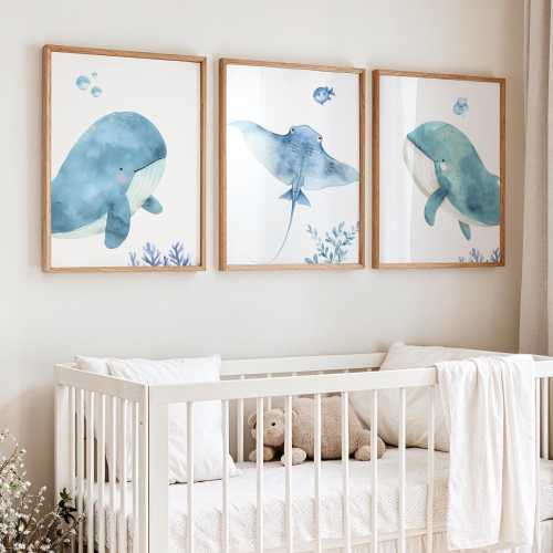 Ocean Nursery Wall Art: Sea Animal Prints with Whales, Sting Ray, Fish