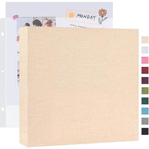 Mublalbum 12x12 Inch Large 3 Ring DIY Scrapbook Photo Album with 20 Plastic Sleeves 40 Pages Linen Cover Folder Binder for Baby Travel Wedding Anniversary and DIY Projects (Beige)