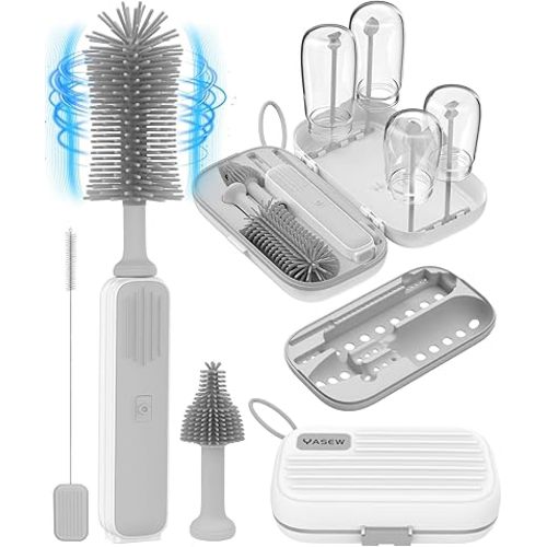 Electric Baby Bottle Brush Cleaner for Travel – BPA-Free Silicone, One-Button 360° Deep Cleaning, 2000mAh Rechargeable, Portable Bottle Cleaning Kit with Storage Box for Home & On-The-Go (Grey)