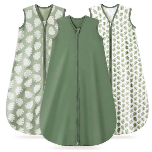 Baby Sleep Sack 0-6 Months, 100% Organic Cotton Wearable Blanket for Babies, 2-Way Zipper TOG 0.5 Lightweight Breathable Baby Sleeping Bag, 4 Sizes-S Leaf＆Green