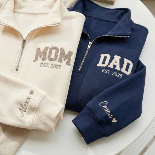 Matching Mom Dad Quarter Zip Sweatshirt, Personalized New Parent Gift