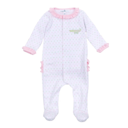 Alligator Pie Embroidered Ruffle Footie - Pink