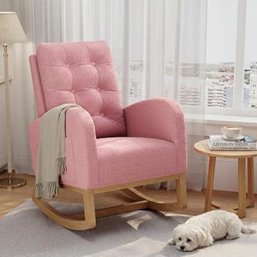GAOMON Modern Rocking Chair for Living Room, Comfortable Recliner Rocker with Side Pocket, Soft Linen Upholstered Glider Chair for Bedroom, Nursery, Lounge-Pink