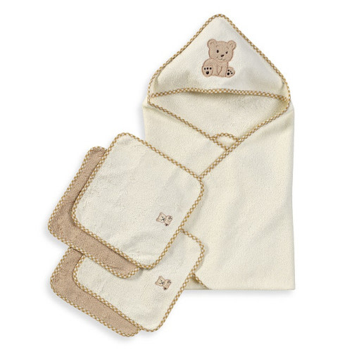 Hooded Terry Bath Towel with 4 Washcloths, Brown Bear