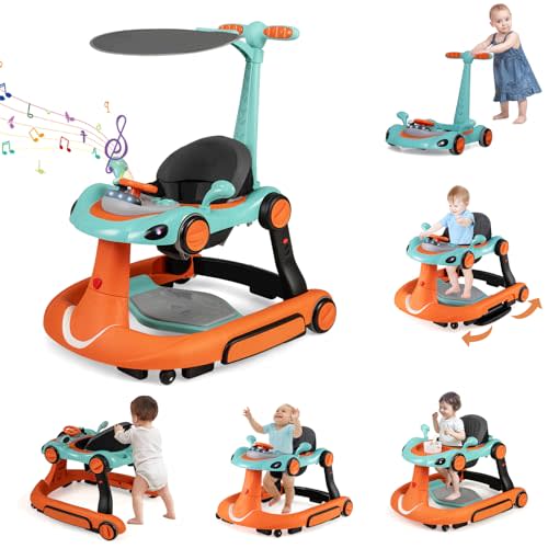 HONEY JOY Baby Walker, 7-in-1 Foldable Baby Bouncer and Rocker Combo, Infant Activity Center w/Canopy, Wheels, Adjustable Height/Speed, Music, Lights, Walker for Baby Boy Girl 7-18 Months (Orange)