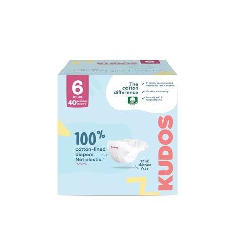 Kudos Size 6 Cotton-Lined Disposable Baby Diapers, 40 Count, Ultra Absorbent Baby Diapers, Soft Comfort, Gentle Materials, Secure Fit for Sensitive Skin
