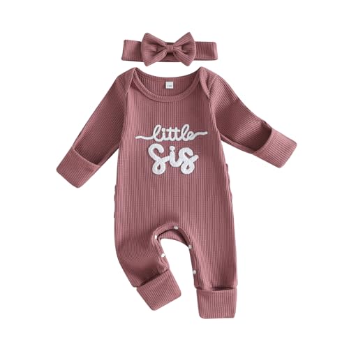 allshope Infant Baby Girl Fall Outfit Sweatshirt Romper Daddy Little Girl Embroidery Jumpsuit Bodysuit Newborn Waffle Clothes