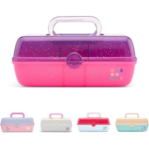 Caboodles Pretty in Petite Makeup Box, Two-Tone Purple Sparkle on Pink Sparkle, Hard Plastic Organizer Box, 2 Swivel Trays, Fashion Mirror, Secure Latch for Safe Travel