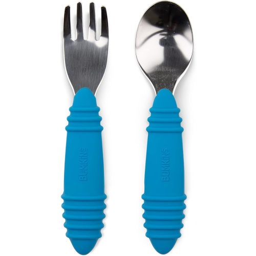 Bumkins Toddler Utensils, Kids Size Fork and Spoon Set, Silicone and Stainless-Steel Training Silverware, Angled Forks / Sporks for Self-Feeding, Children Hold Learning to Eat, 18 Mos Up, Dark Blue