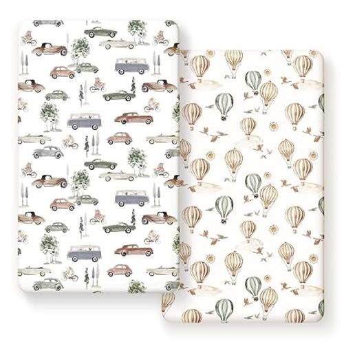 Stretch Ultra Soft Jersey Knit Fitted Crib Sheets Set 2 Pack，Fit All Standard Crib Mattress Pads Safe and Snug, Crib Fitted Sheet for Boys and Girls, Stylish Cars Print Kids Sheets for Boys