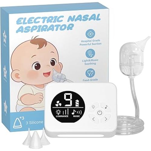 Nasal Aspirator for Baby, Nose Sucker with 9 Suction Levels, Electric Snot Sucker, 3 Levels Night Light & Nursery Rhyme Soothing Function, Food-Grade Silicone Tips