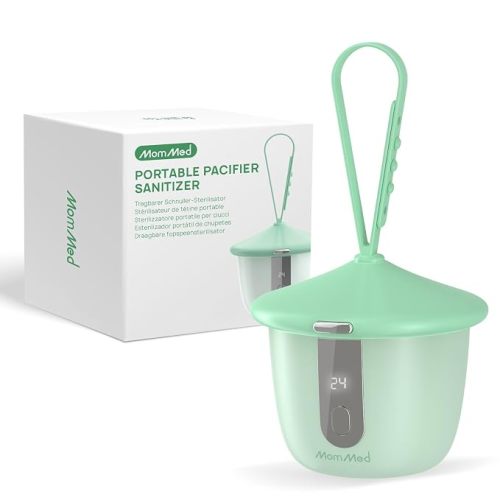 MomMed Portable Pacifier Sanitizer, UV Pacifier Holder Case, 99.98% Cleaned in 3 Minutes, 90 Disinfection Cycles, USB Rechargeable, UV Cleaner for Baby Pacifiers, Teethers, Bottle Nipples and More