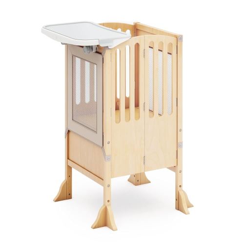 Guidecraft Kitchen Helper® Toddler Tower and Mealtime and Play Tray Bundle: Contemporary Natural Folding, Adjustable Step Stool with Keepers, Non-Slip Mat and Easy to Clean, Detachable Tray Table