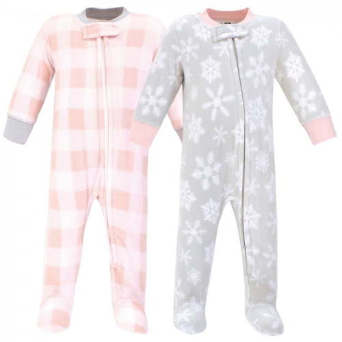 Hudson Baby Infant Girl Fleece Zipper Sleep and Play 2pk, Gray Pink Snowflake, 0-3 Months