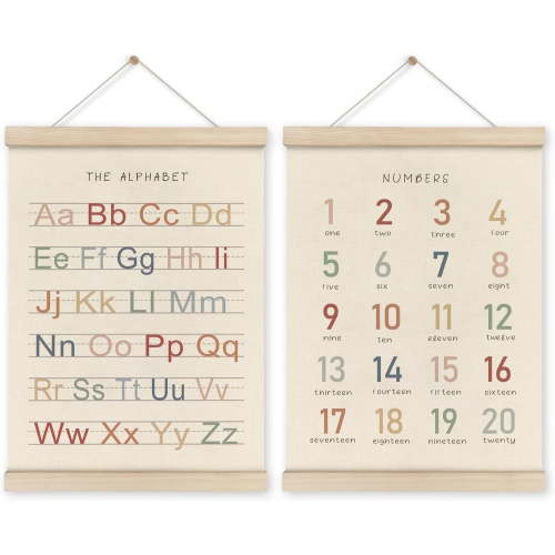 LZLINGMEI 2PCS Alphabet And Numbers Poster Hanger Frame,Boho Poster Wall Art with Frames, Alphabet Banner Wall Hanging Decor for Playroom