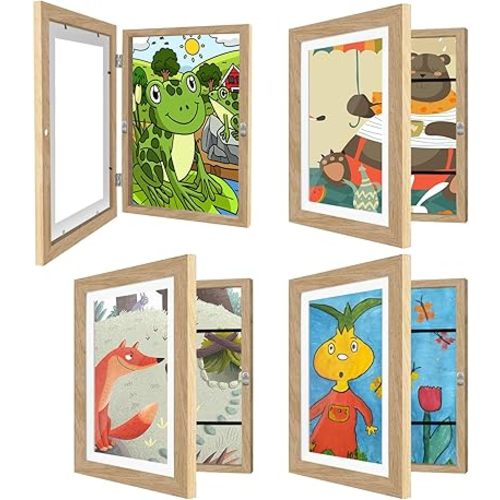 4 Pack Kids Art Frames 8.5x11 Inch Kids Artwork Flip Frame Changeable for Picture Display, Children School Drawing Projects Storage, Horizontally Vertically Wall Hanging, Front Opening, Wood