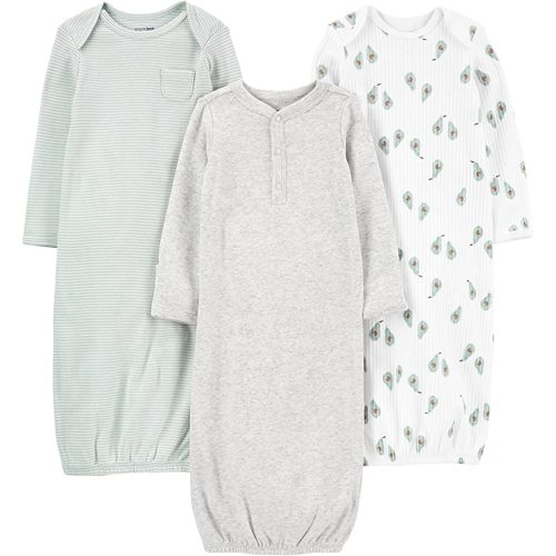 Simple Joys by Carter's Unisex Babies' Cotton Sleeper Gown, Pack of 3 - 0-3 Months - Heather/Stripe/Avocados