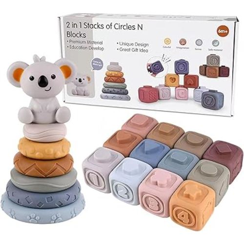 TMYIDO 2-in-1 Soft Stacking Blocks & Rings,Montessori Sensory Toys for Babies 6 12 18 Months, Newborn Essentials Squeeze Teether,Textured,Sensory Educational Learning Toys for Infant