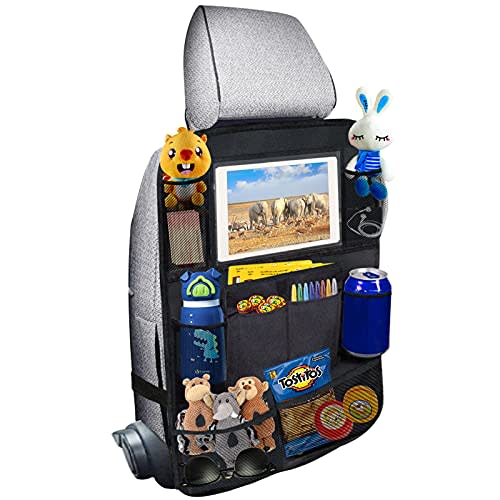 Ecurfu Backseat Car Organizer with 10 Compartments, 10 Inch Tablet Holder, Waterproof Storage Bag for Kids Cars - 600D Oxford Fabric, Black (1PC)