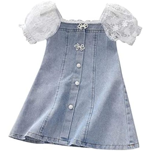 Toddler Kids Girls Denim Dresses Lace Puff Sleeve Sundress A-Line Casual Dress Pearl Decorated Dress