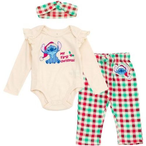 Disney Christmas Baby Girls Bodysuit, Pants and Headband 3 Piece Outfit Set Newborn to Infant