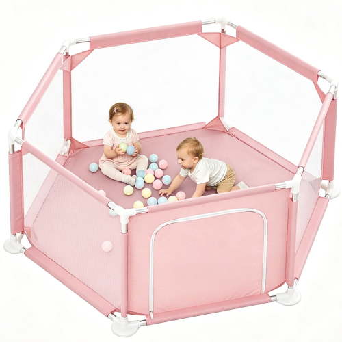 Millhouse Easy-Assembly Portable 6-Panel Baby Playpen Travel Play Yard in Pink