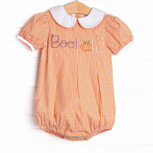 Boo! Embroidered Bubble, Orange.
Size 3 months