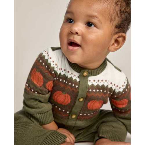 Baby Boys Pumpkin Fairisle Sweater Romper - The Harvest Edit - Green