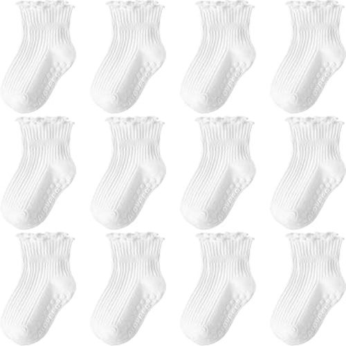 Baby Toddler Girls Socks Grip Ruffle Non Slip Girls Cotton 12 Pack Socks for Kids Cute Ankle 6M-7Years