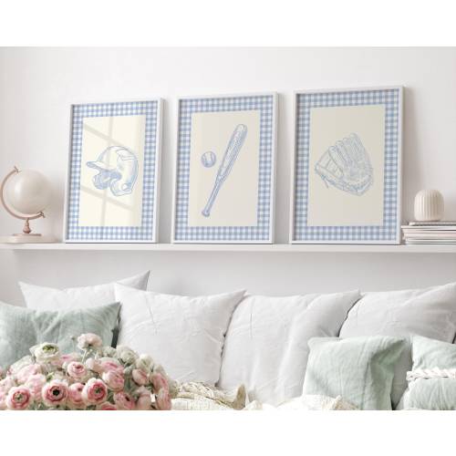 Retro Baseball Nursery Print Set: Blue Gingham Kids Room Decor