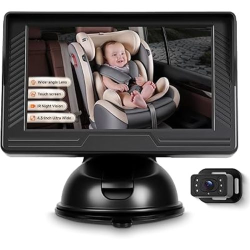 Rimoody Baby Car Camera for Backseat, 4.3'' HD Display Baby Car Mirror with Night Vision Feature, Wide View Angle, Reusable Sucker Bracket, Easy Install 360° Adjustable Display