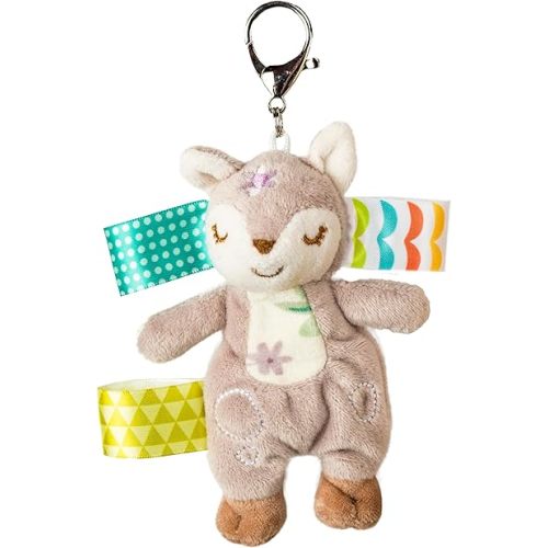 Taggies Diaper Bag Charm Mini Stuffed Animal Clip-On Keychain Backpack Accessory with Sensory Tags, 6-Inches, Tan Flora Fawn