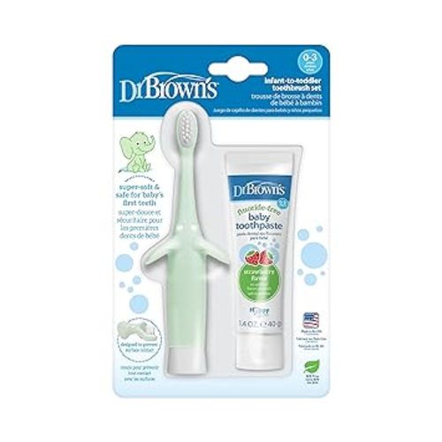 Dr. Brown's Infant-to-Toddler Training Toothbrush Set, Mint Elephant with Fluoride-Free Strawberry Baby Toothpaste, 0-3 Years