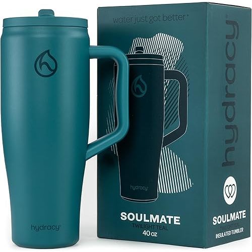 Hydracy Soulmate 40 oz Tumbler with Handle and Flip Straw - 100% Leakproof Reusable Insulated Cup with Stainless Steel Straw - Cupholder Friendly Rubber Base Travel Mug - Twilight Teal